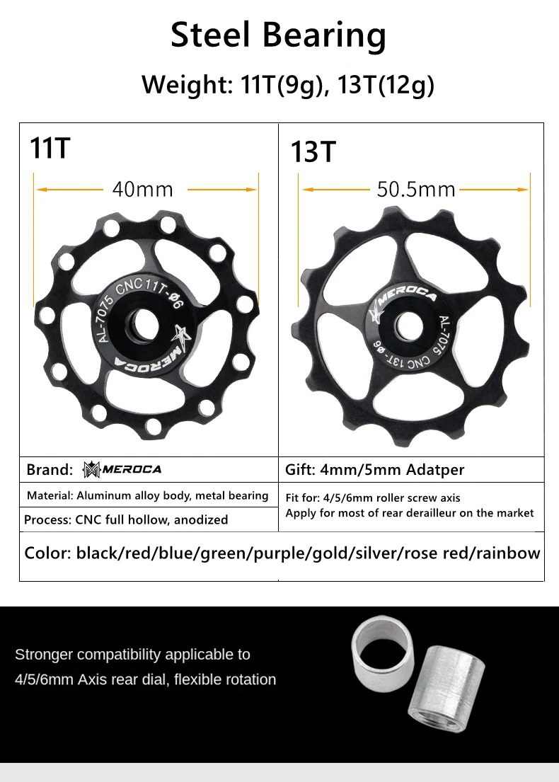 MEROCA 2 stücke MTB Rennrad Schaltwerk Pulley Set Fahrrad Jockey Guide Rad Unterstützung 8-11 Geschwindigkeit 11T 13T für Shimano Sram – Detail 2