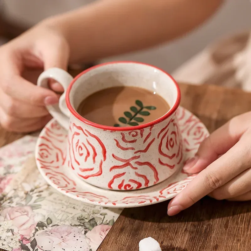 1pc 300ML Ceramic Rose Coffee Cup with Saucer European-style Flower Tea Mug Milk Cup Juice Mug Kitchen Home Accessories Gift
