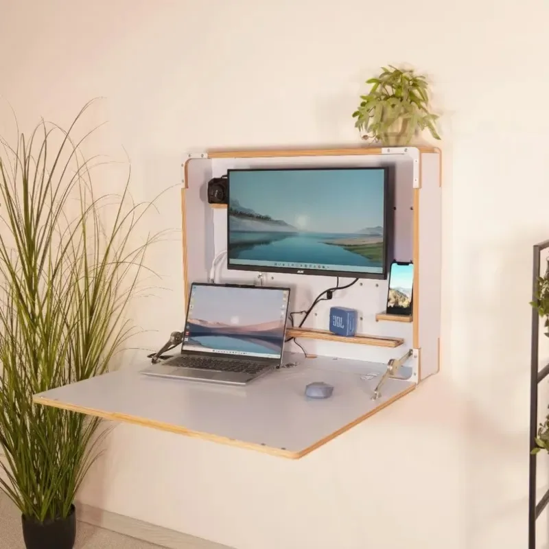 Wall-mounted folding desk with shelves, compact concealed floating home office space OEM for small apartments