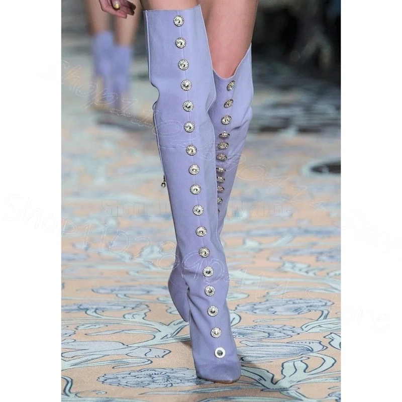 

Metal Button Purple Pointed Toe Runway Boots Back Zipper Women Shoes Thin High Heels New Party Banquet 2026 Zapatos Para Mujere