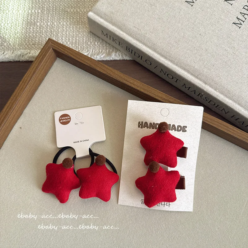 Hair Clips Hair Ties Red Star Wine Red Fabric Side Bangs Ponytail Bun Non Slip Soft Grip for Toddler Girls Kids New Year Party