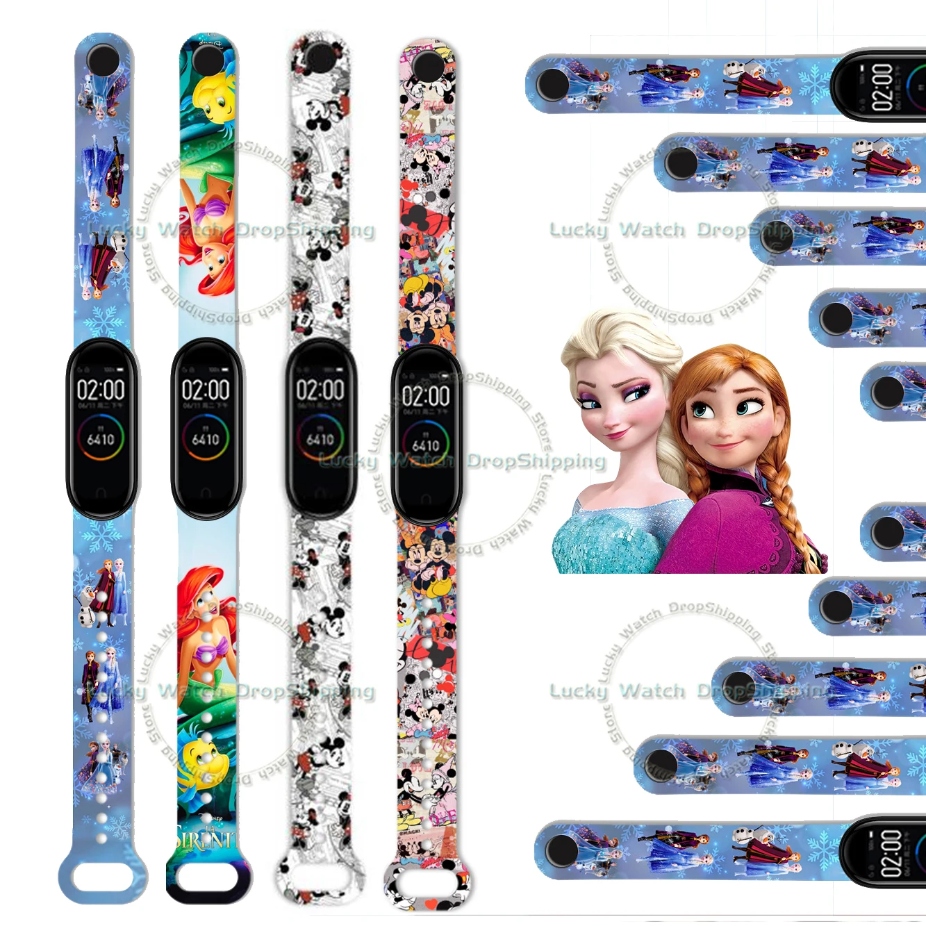 Disney Frozen Elsa Princess Strap Anime Is Suitable for Xiaomi 3/4/5/6/7NFC Mi Band Mickey Printing Wristband Birthday Gifts