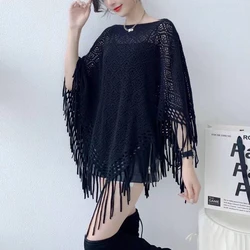 Primavera autunno nuovo Pullover Cape donna Hollow flower Knitting Poncho mantelle maniche a pipistrello scialli protezione solare mantello solido nero