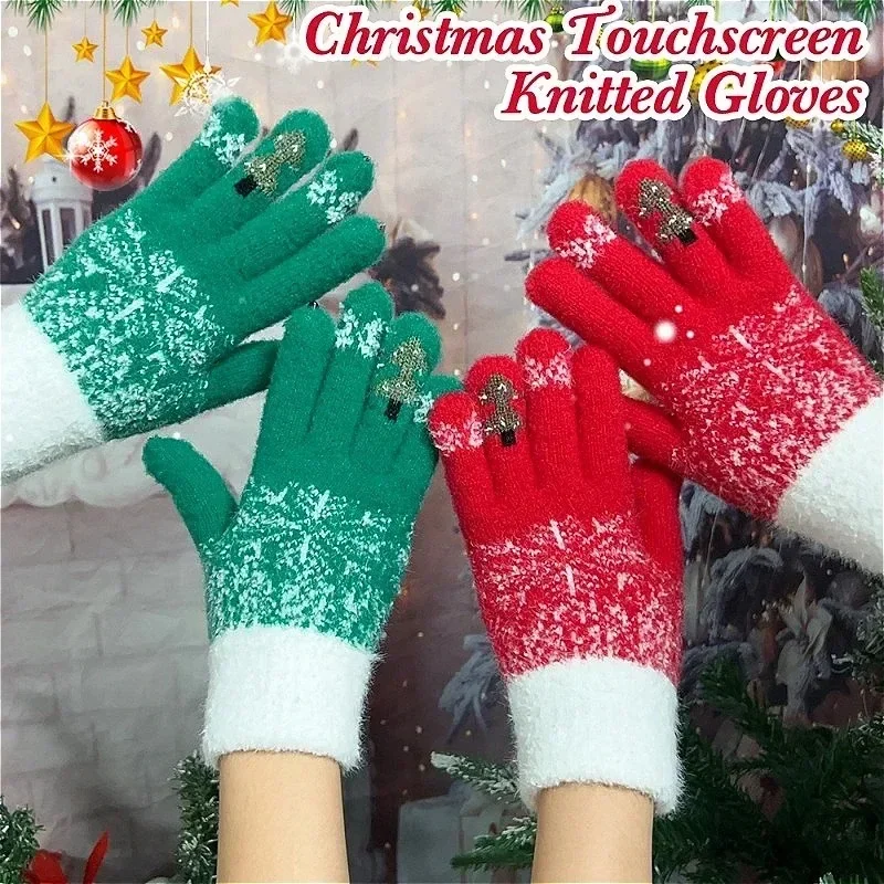 Women Winter TouchScreen Christmas Gloves Lovely Knitted Warm Stretch Mittens Red Green Full Finger Skiing Glove Christmas Gifts