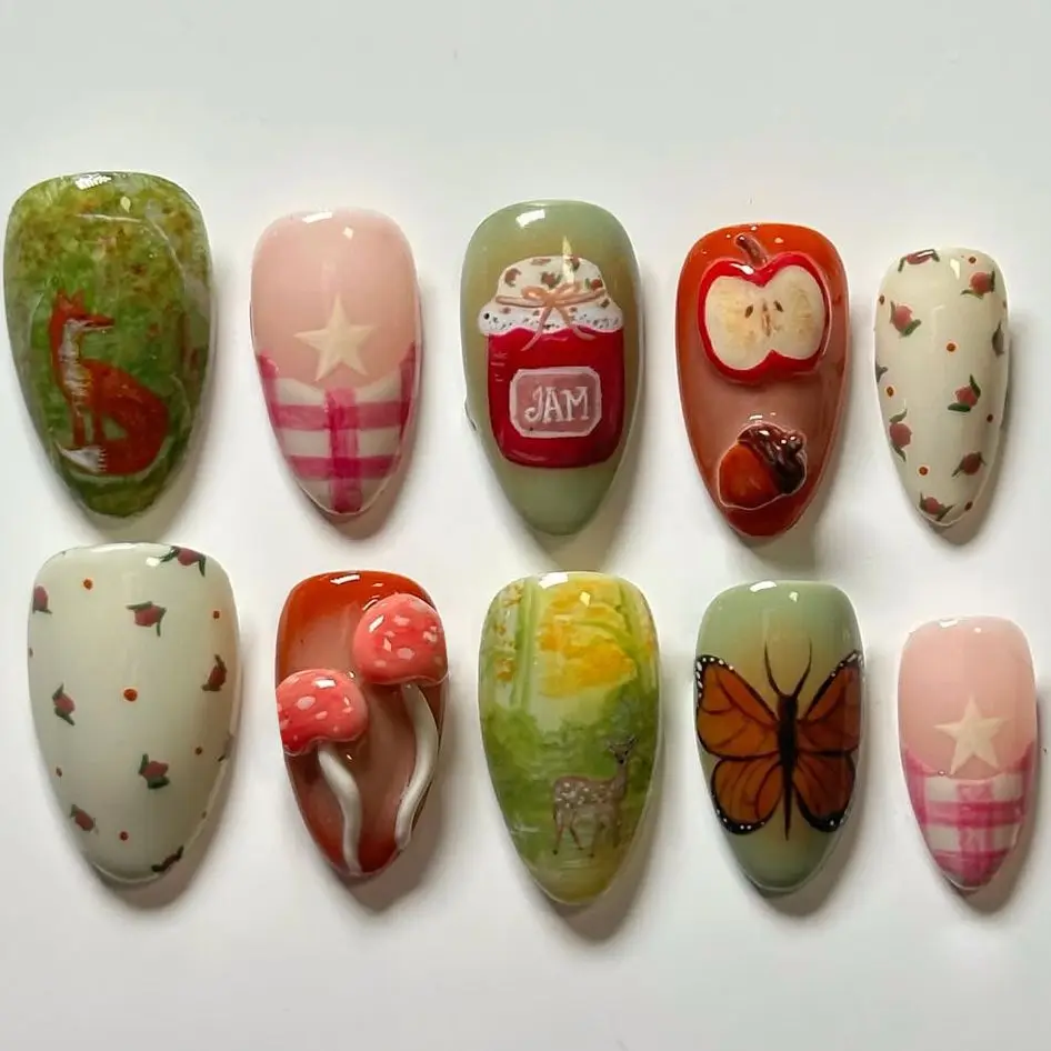 

24pcs Forest Adventure Press on Nails Fox&Cartoon Mushroom&Butterfly&Apple Designs Fake Nail Short Almond False Nail for Women