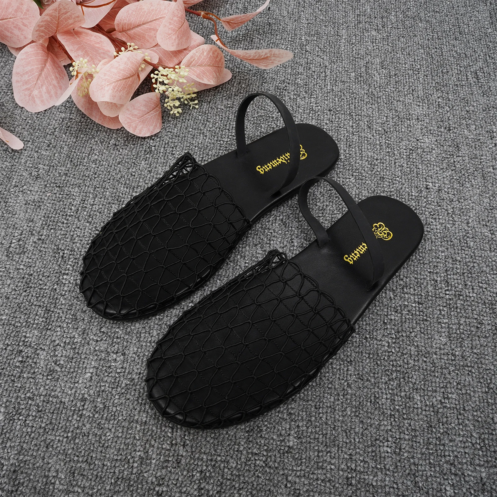 GJ niche brand woven hollow mesh comfortable flat sandals 2024summer new fashionable and breathable Roman handmade slippers34-44