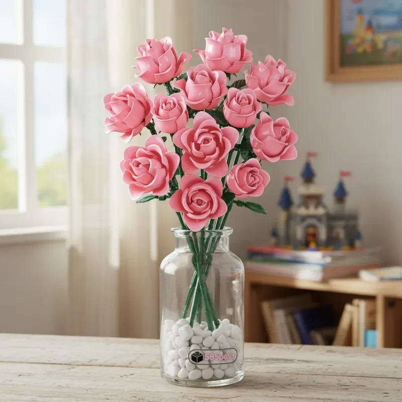 

585 шт., строительные блоки с цветком розы, романтическая идея подарка на день Святого Валентина, роскошное украшение для дома, двойной стильный букет, снятие стресса, сделай сам