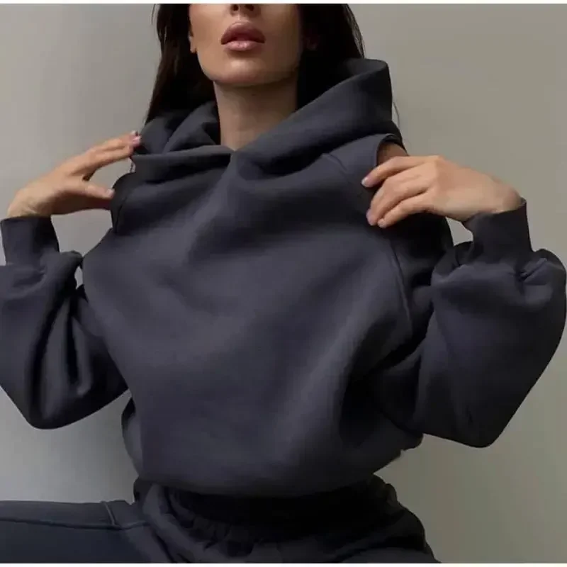 

Autumn Hoodie Women Fashion Tracksuit Solid Color Sportswear 2 Pieces Hooded Sweatshirt Sets Y2k Pullover Shirts and Pants