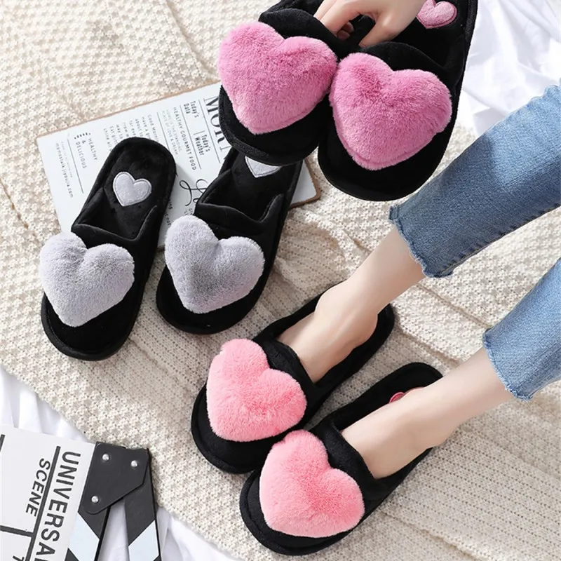 New Women'S Slippers Home Cartoon Heart-Shaped Home Slippers Indoor Anti-Slip Thickened Warm Plush Cotton Shoes Women Cute