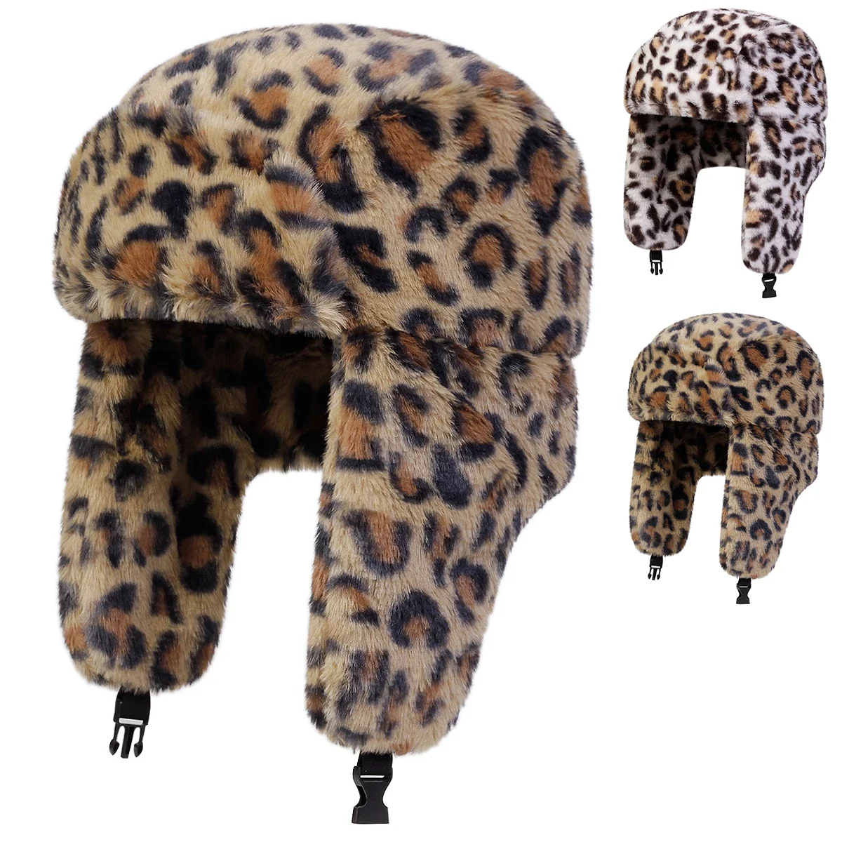 Gorro unisex de felpa con estampado de leopardo, gorro de invierno con orejeras, gorro de esquí cálido, gorro de aviador para actividades al aire libre y en la nieve