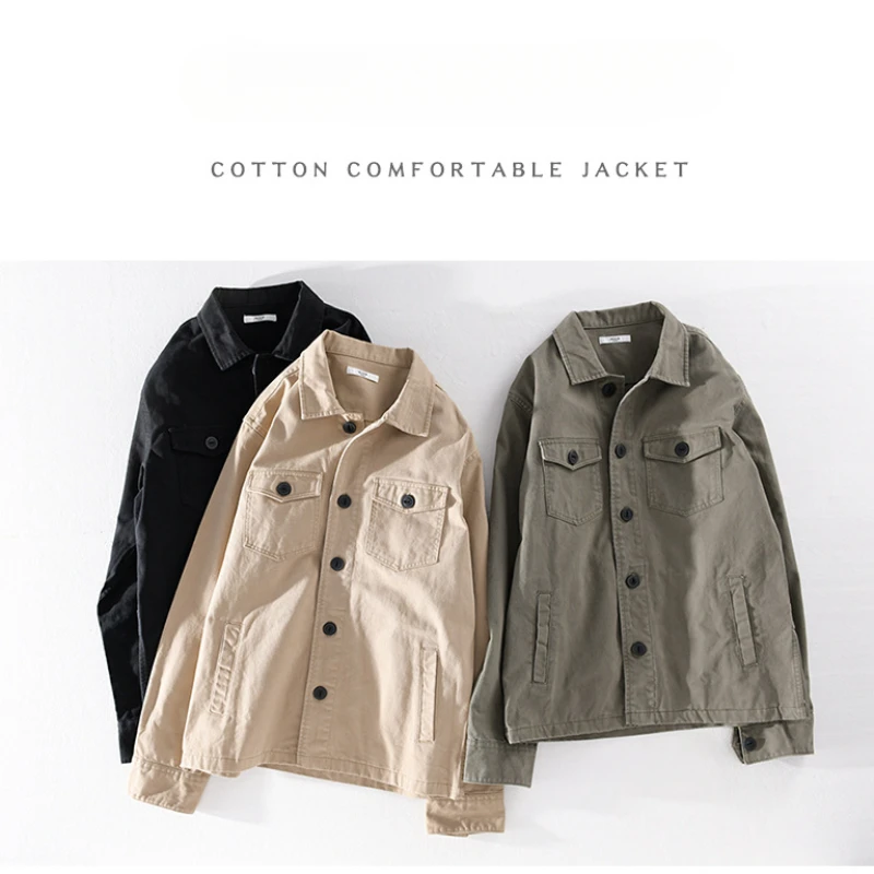 100% Cotton Tooling Japanese Jacket, New Coat Men\'s Long Sleeve Khaki Shirt, Casual Cotton Comfortable Thick Shirt camping