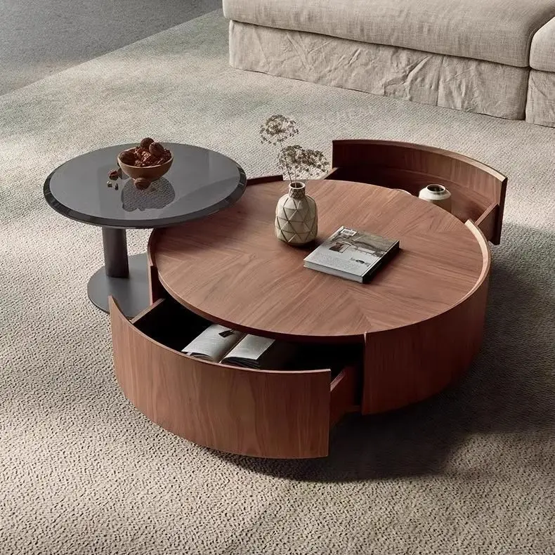 French Vintage Mid Century Modern Walnut Solid Wood Round Coffee Table Set with Storage Living Room Furniture Wooden Tea Table