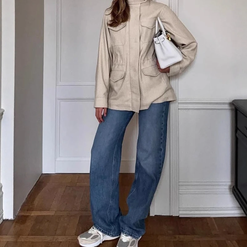 French Literary Retro Style Solid Color Lapel Elastic Waist Long Sleeve Trench Coat Jacket 2025 New