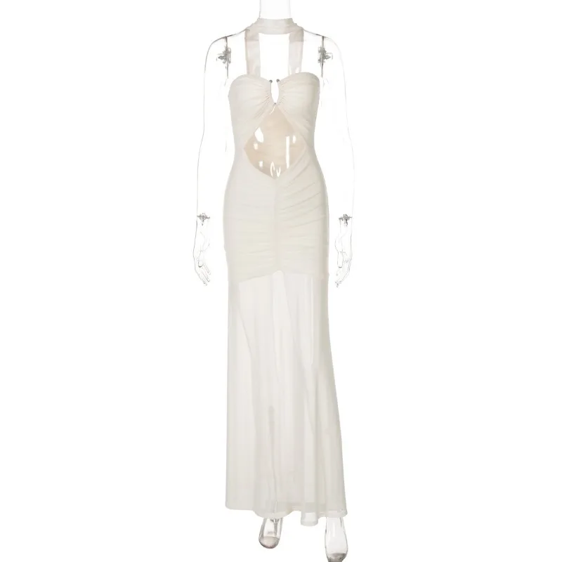 ผ้าพันคอริบบิ้นผู้หญิงเซ็กซี่ Sheer ตาข่าย Patchwork Strapless Bodycon Maxi Party Dress Hollow Out Ruched Slim วันหยุดชุดยาว Robe