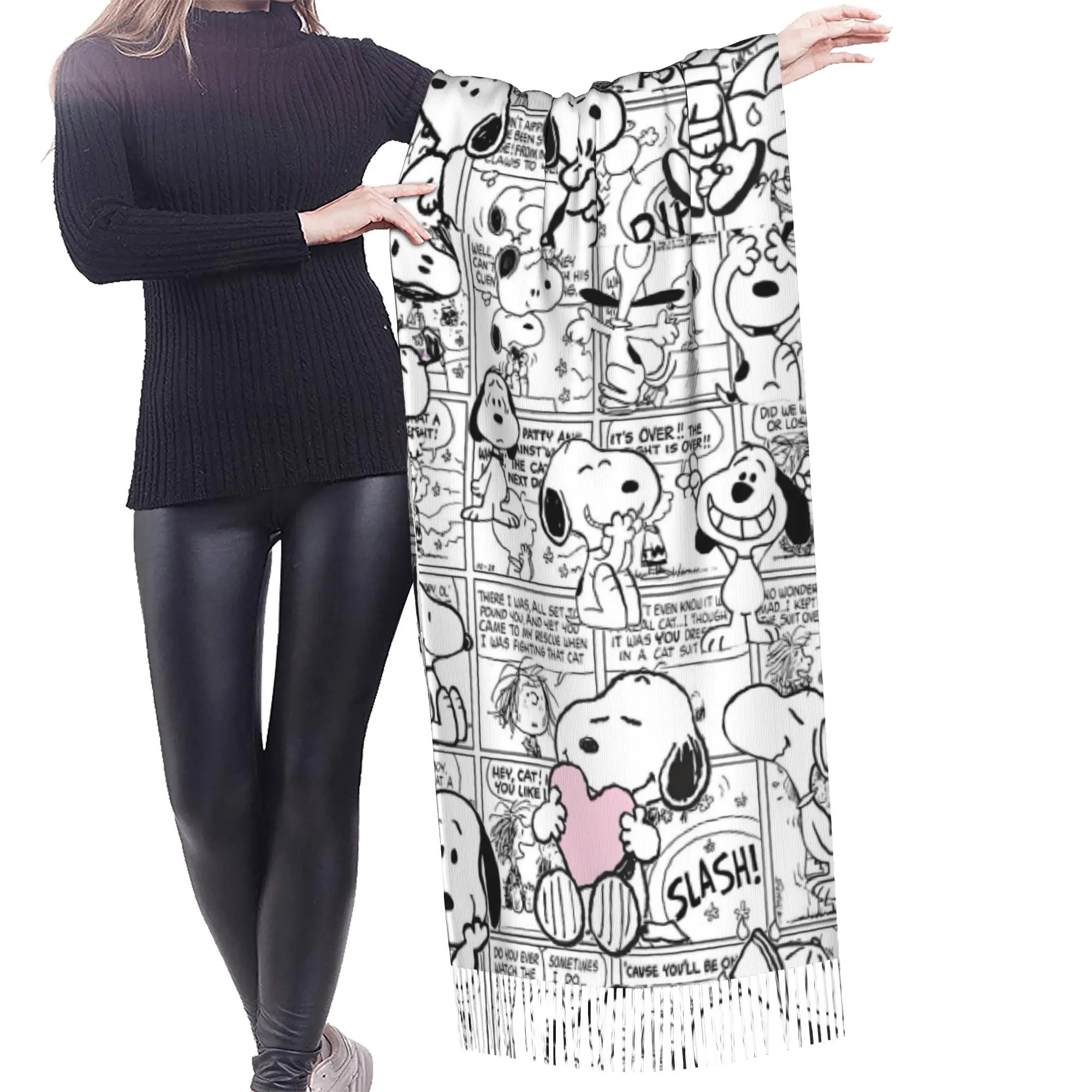 Custom Female Long S-snoopied Dog Scarves Women Winter Fall Thick Warm Tassel Shawl Wrap Anime Manga Scarf