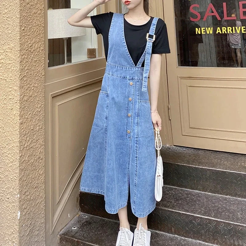 Casual Loose Overalls Dresses Summer Women Denim Dress Sundress Female Solid Adjustable Strap Jeans Dresses Straps Jean Vestidos