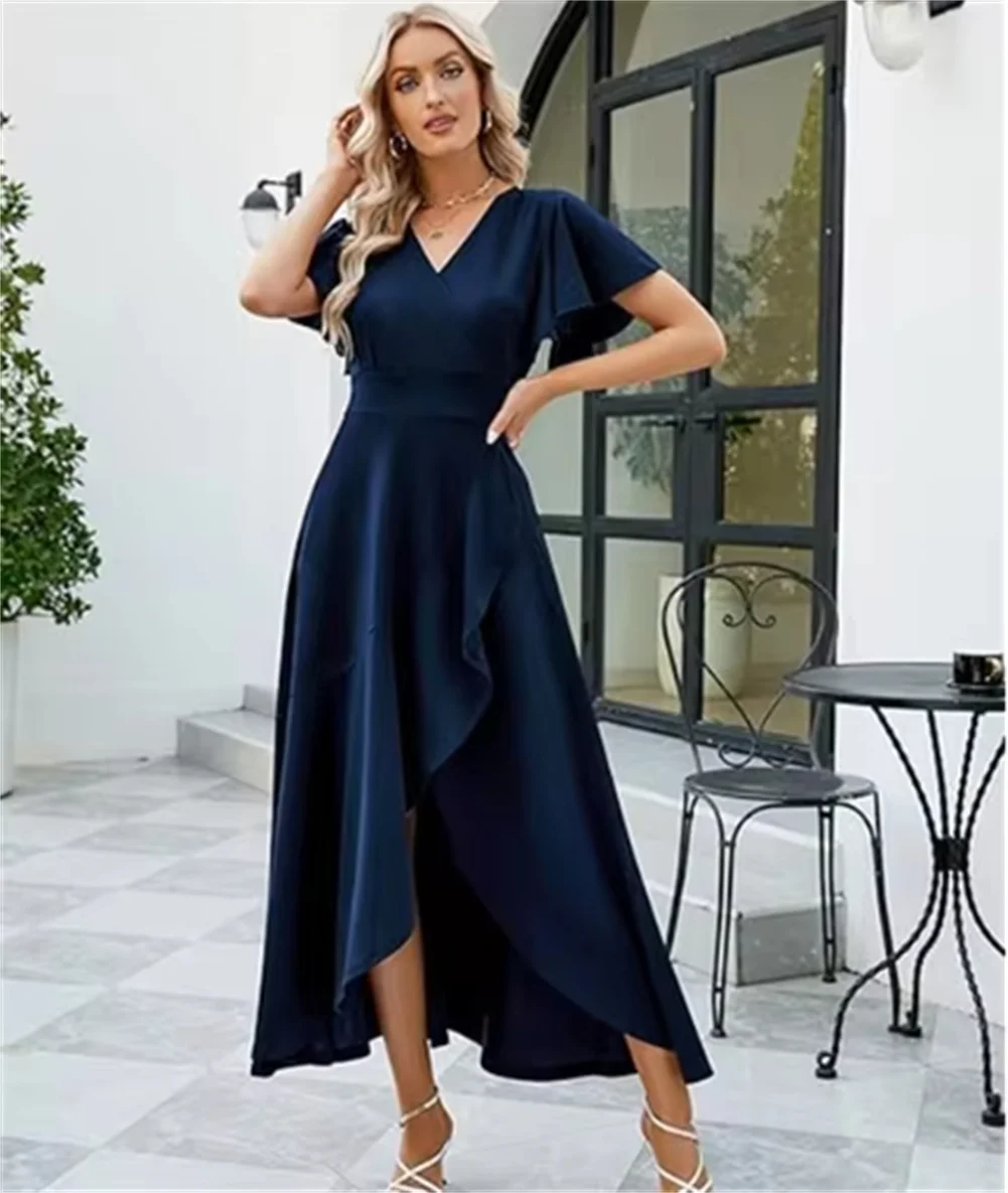 فساتين رسمية سوداء طويلة للنساء فساتين حفلات السهرة وحفلات الكوكتيل سبليت أنيقة على شكل حرف V ملفوفة بكشكشة فساتين زفاف الضيوف