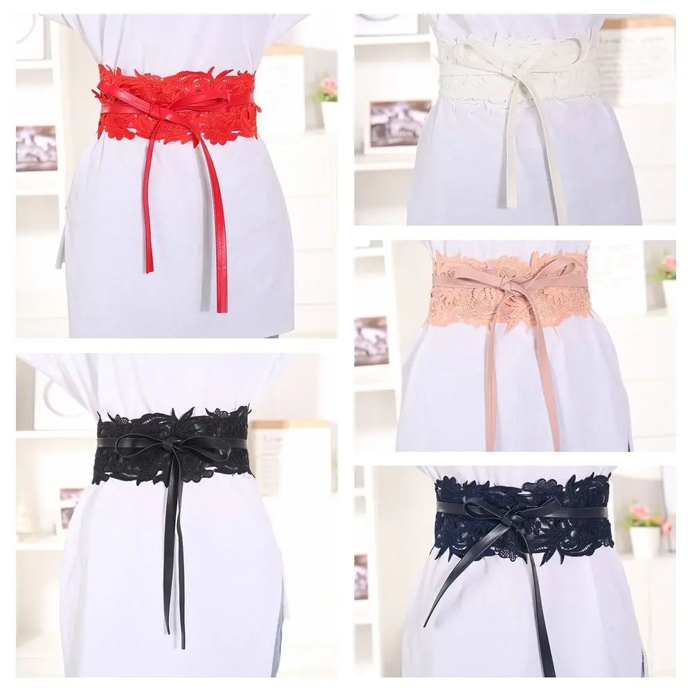 Elegant Flower Wide Belt Leather Tie Waist Corset Belts Lace Cummerbunds Ethnic Style Tie-up Lace Waistband Ladies