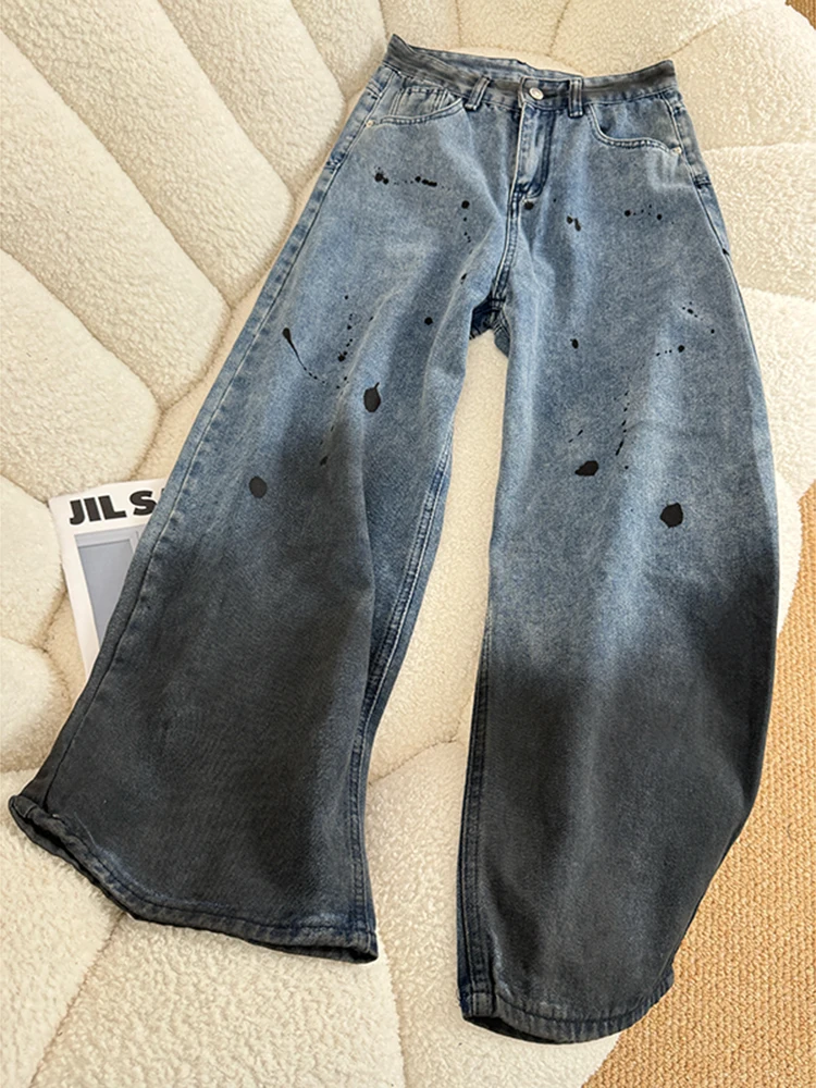 

American Retro Splashed Ink Gradient Jeans Women's Loose Washed Distressed Denim Pants Blue Casual Floor Length Trousers