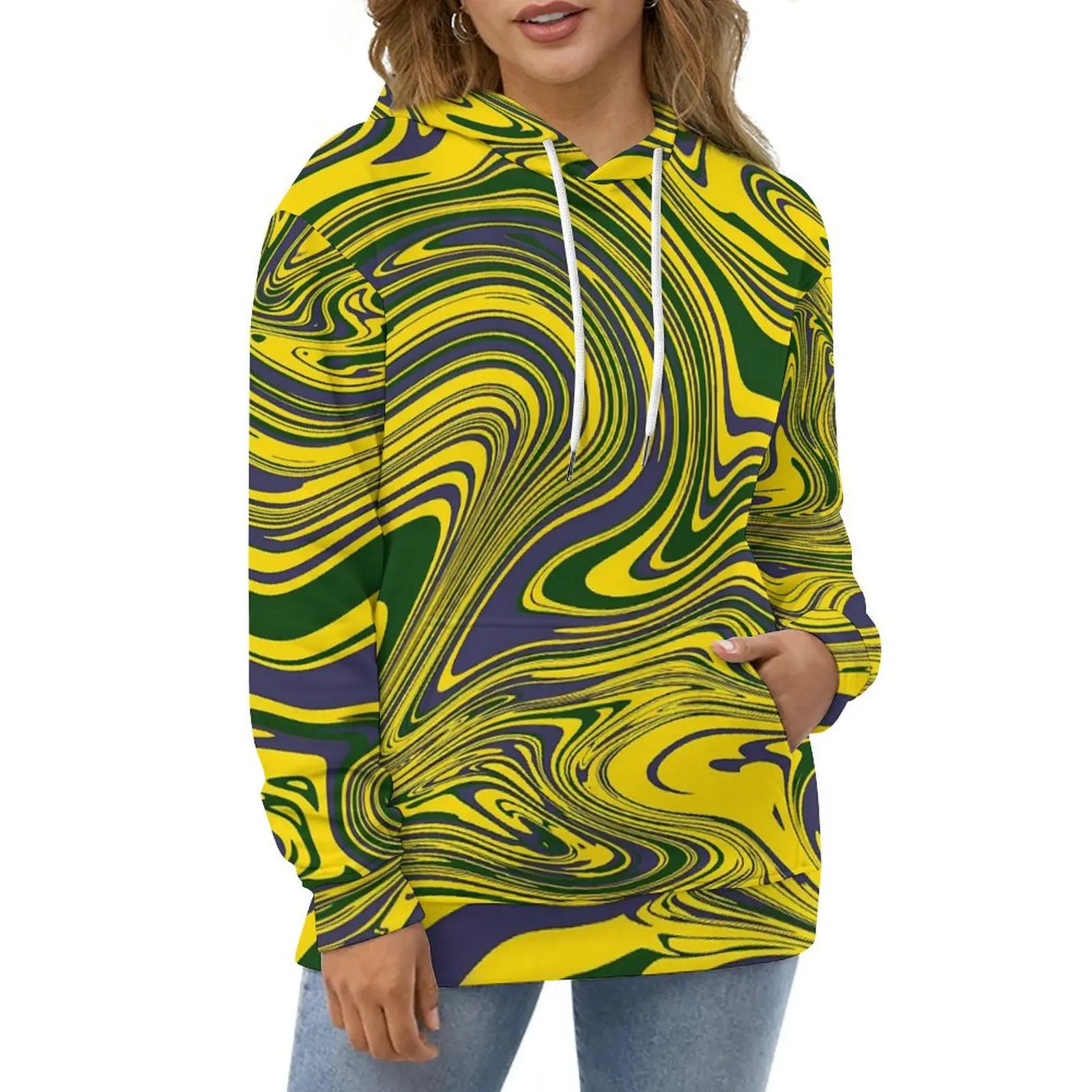 Swirls Print Hoodies Yellow Green Purple Hip Hop Oversize Hoodie Women Long Sleeve Pretty Design Casual Hooded Sweatshirts