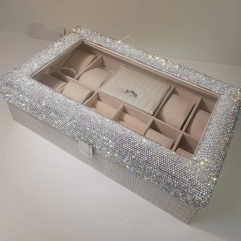 Bling Diamond Watch Storage Box Window Opening PU Jewelry Box 8 Slots Quartz Watches Case Necklace Ring Display Holder Organizer