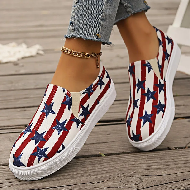 Independence Day Sneakers Women Canvas Shoes Fourth of July Print Espadrilles Soft Flats Slip-on Loafers Platform Casual Shoes