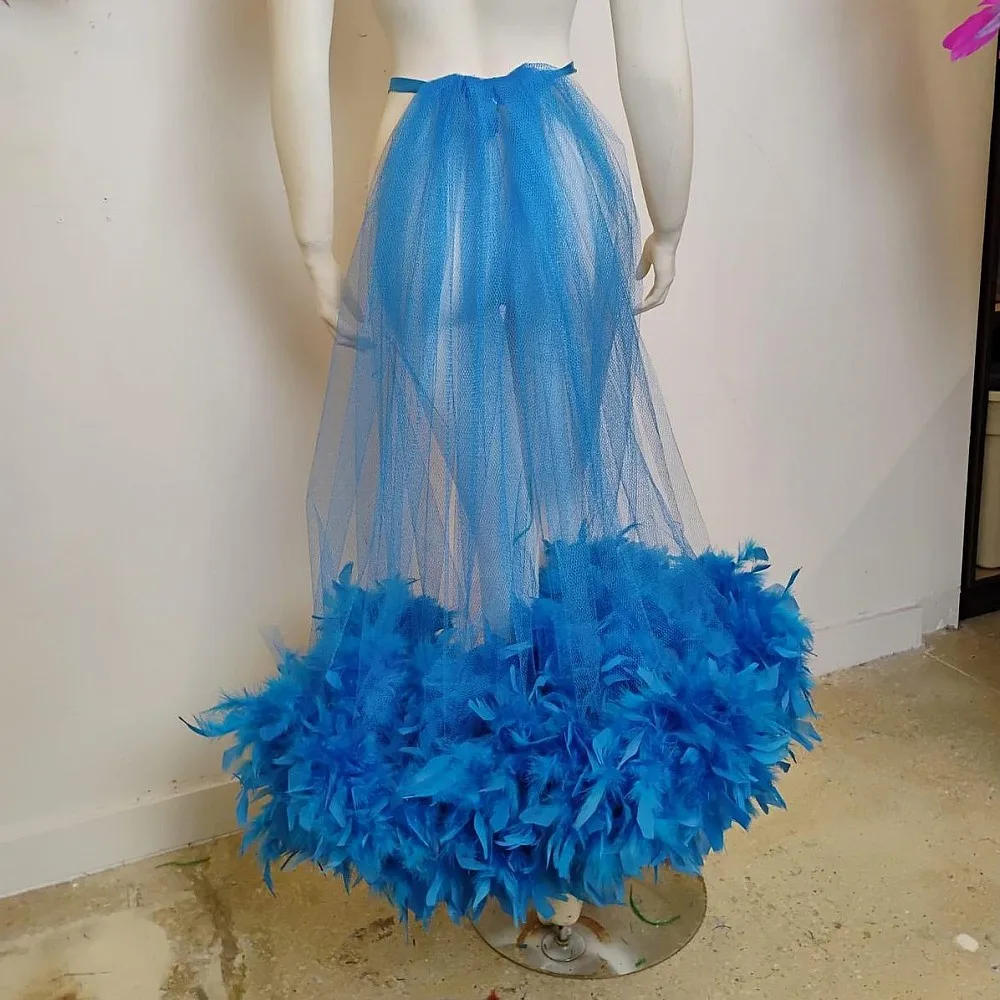 

Royal Blue Feathers Women Skirts High Waist Detachable Overskirt Birthday Skirt For Photo Shoot Long Evening Party Skirt