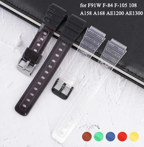 Correa de goma para Casio F91W F-84 F-105 108 A158 A168 AE1200 AE1300 hombres mujeres Universal transparente tpu reemplazar correa de reloj 18mm