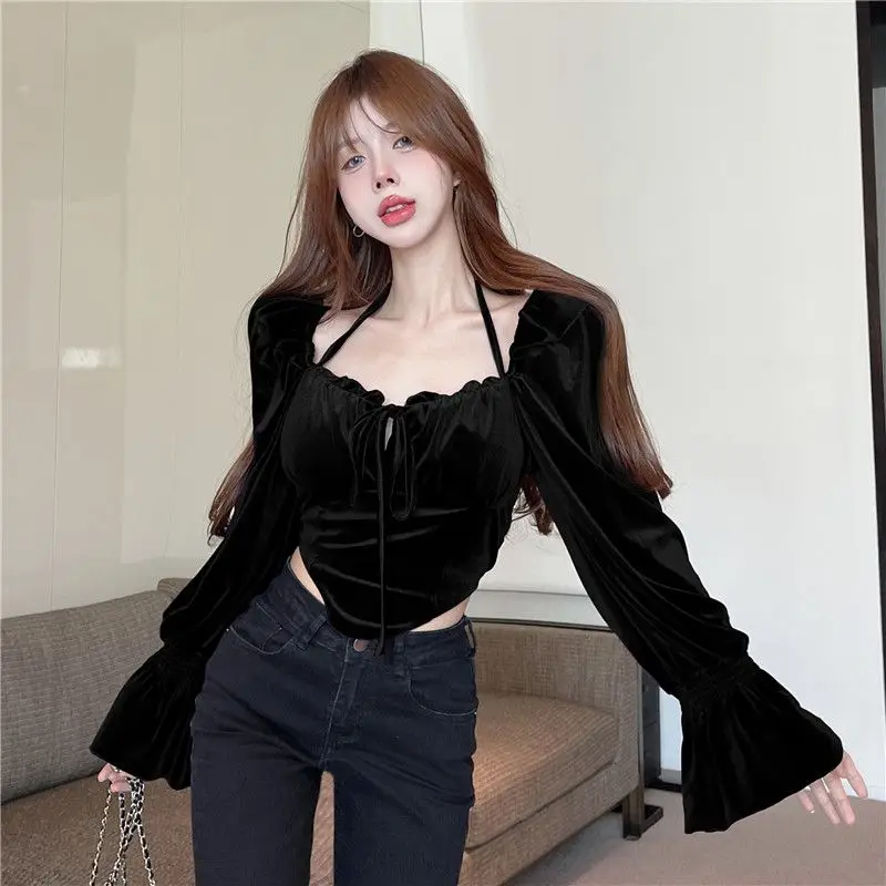 Blouses Women Autumn Slash Neck Slim Fit Hot Ladies Tender Korean Style Flare Sleeve Crop Tops All-match Folds New Chic Simple