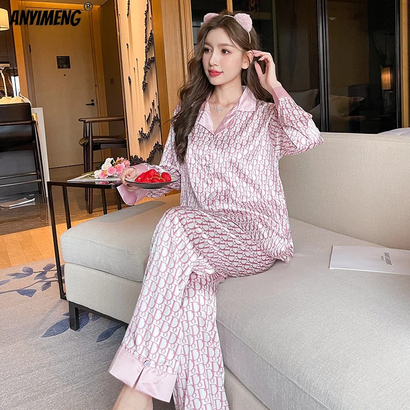 Women Casual Luxury Pajamas Thin Pajamas Female Sleepwear New Elegant Ladies Faux Silk Polyester Dots Pajama Sets Sexy Homewear