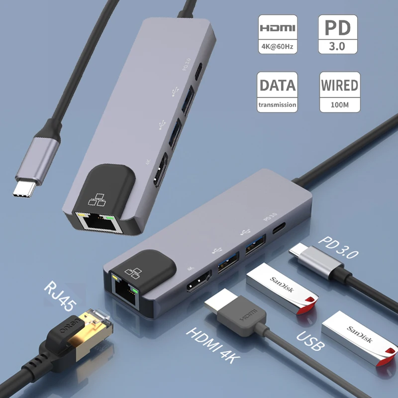 Screen Sharing 4K laptop accessories usb hub RJ45 Splitter Adapter Multi-function dock station USB-C to HDMI-compatible Adapter