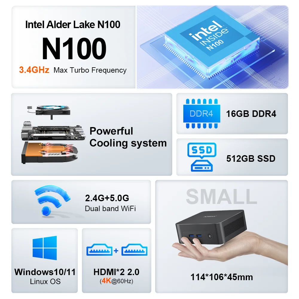 Ninkear N10 Mini PC Computer Intel N100 up to 3.4GHz 16GB DDR4 512GB SSD WIFI HDMI 2.0*2 Support Dual-screen WIindows 11 /Linux