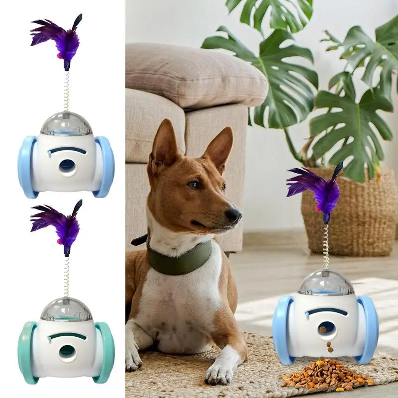 Bola dispensadora de comida para mascotas, juguete interactivo con pluma, dispensador de golosinas para perros y gatos