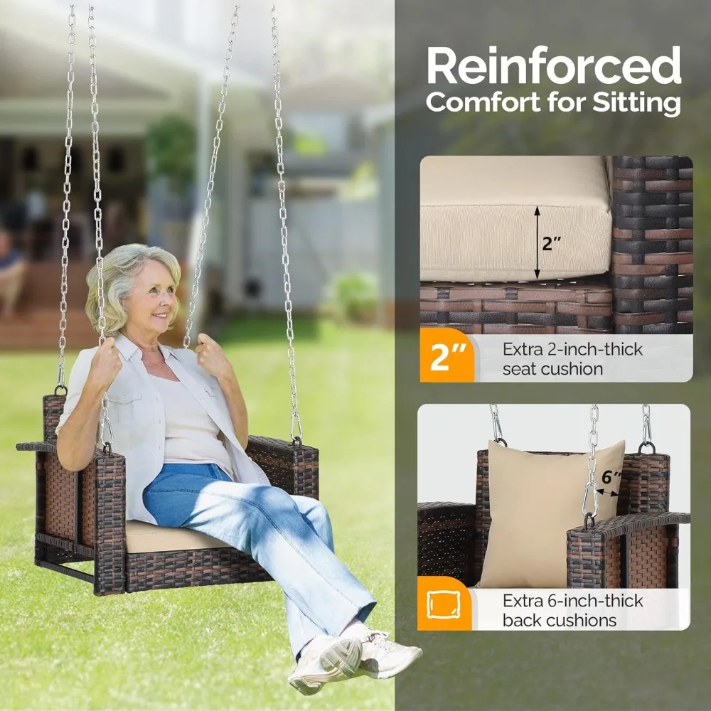 

2.2 FT 1-Person Use Rattan Porch Swing Outdoor Support 440 LBS with Cushions & Adjustable Chains, Patio Wicker, Customized
