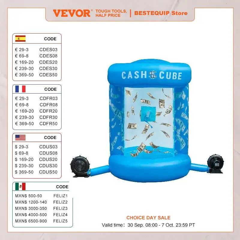 VEVOR 5.3x6.9ft Inflatable Cash Cube Money Machine Two Blowers Inflatable Cash Cube Booth Advertising Promotion Quick Inflated