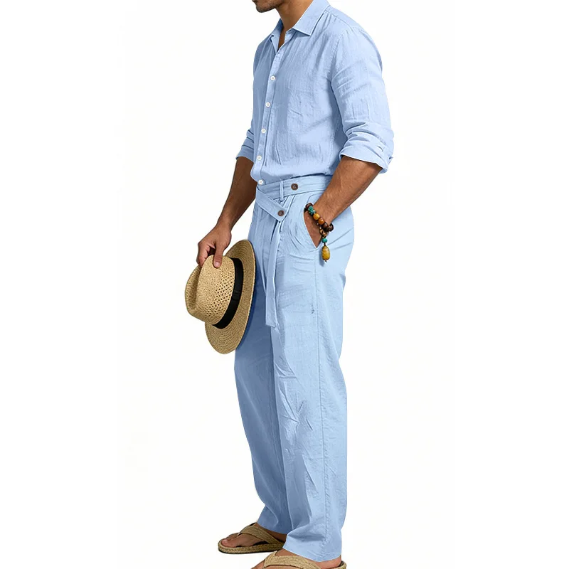 Europäisch-Amerikanisches Herren-Leinen-Freizeitset: Hemd mit Umlegekragen und Hose mit hohem Bund und Gürtel – Locker, atmungsaktiv, für Urlaub und Strand – Detail 38