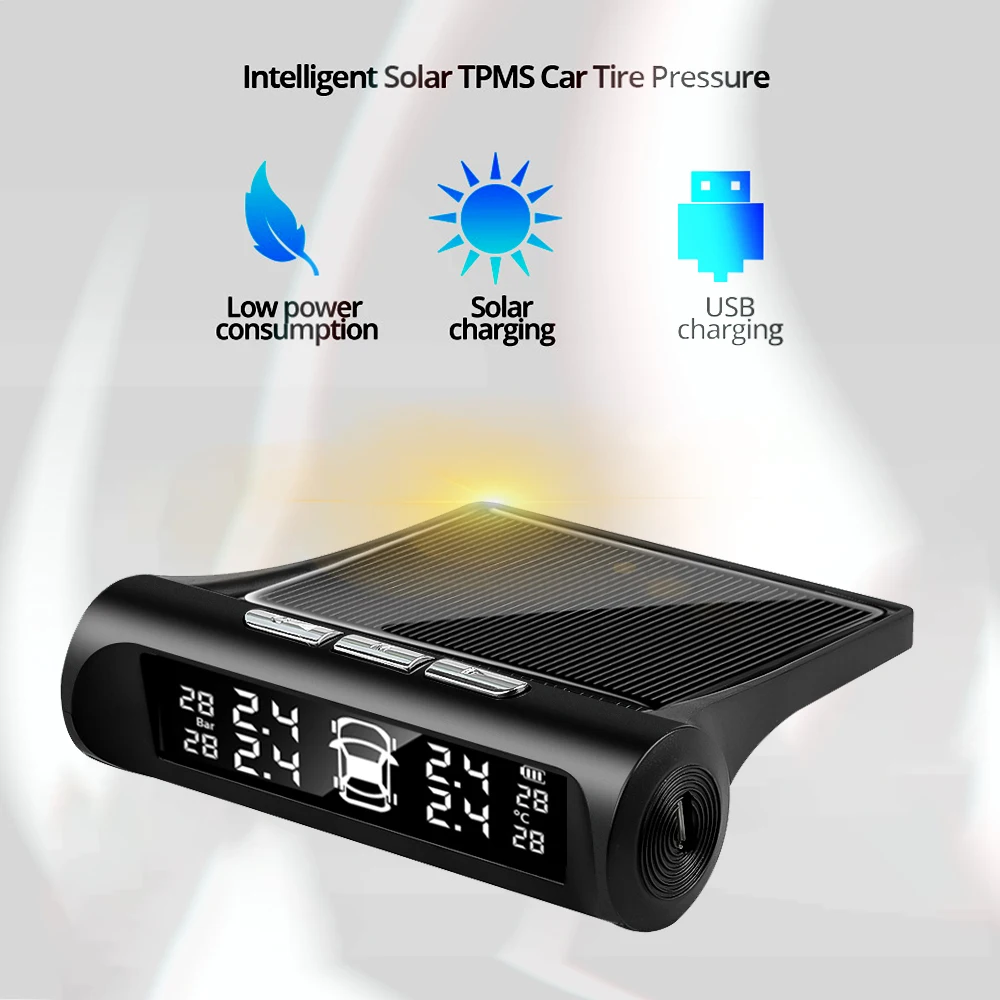 Solar Power TPMS Car Tire Pressure Alarm Monitor System Auto Security Alarm Systems Tyre Pressure Temperature Warning 4 Sensors