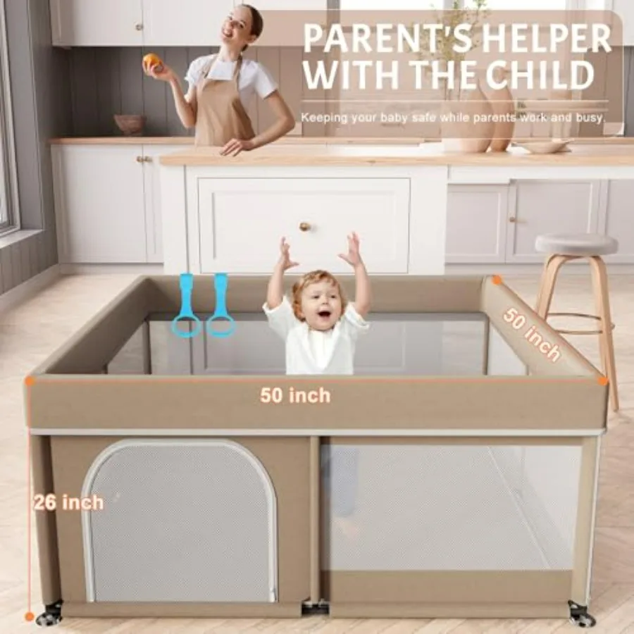 Box per bambini con tappetino 50x50 pollici: box grande per neonati e bambini piccoli Penna da gioco di sicurezza per interni con morbida rete traspirante AllWrap