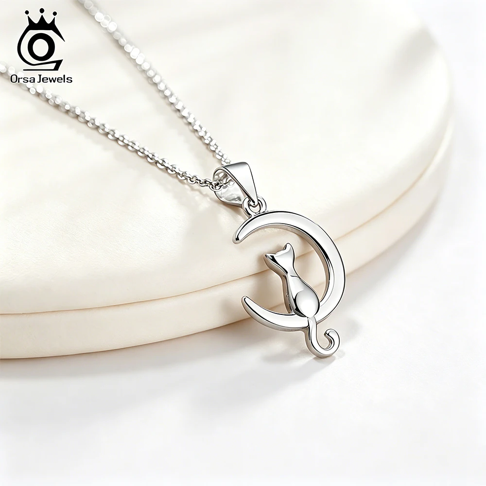 

ORSA JEWELS Genuine 925 Sterling Silver Moon & Cat Pendant Necklace Minimalist Love Cat Neck Chain Women Gift Fine Jewelry SN271