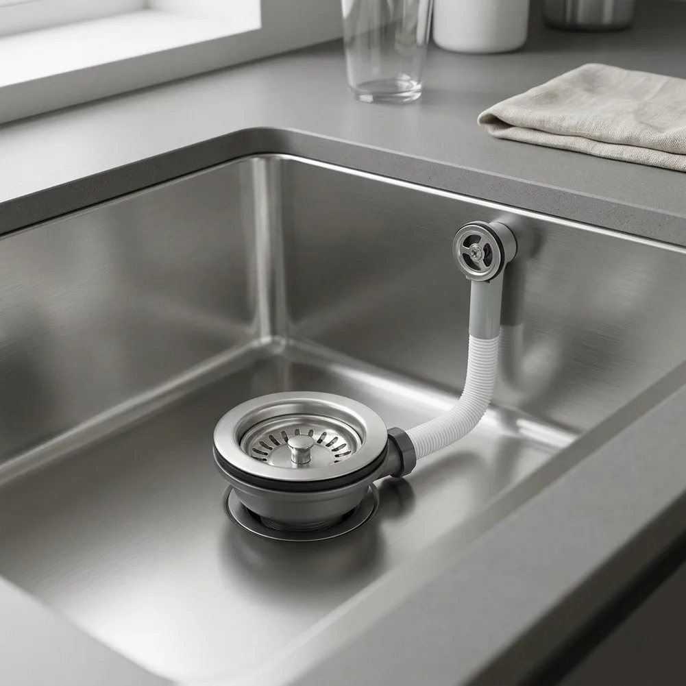 Stainless Steel Drain Assembly for Standard 83mm to 90mm Sink Openings Featuring Resistant Build and Overflow Control