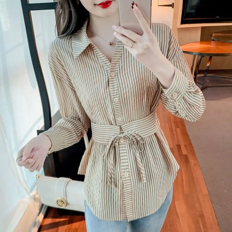 Women Korean Fashion Striped Lace Up Button Shirts Autumn Casual Long Sleeve Slim Fit Blouses Elegant Chic Tops Blusa Mujer Moda