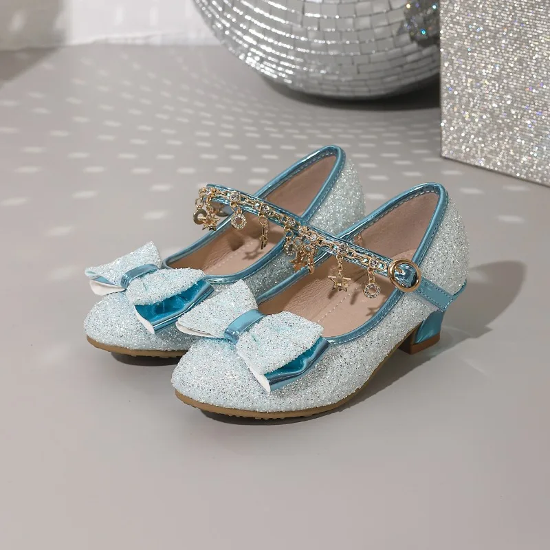 

Вечерние туфли принцессы для девочек, детские кожаные туфли с блестками и звездами и кисточками на цепочке, новые милые элегантные детские модельные туфли на высоком каблуке