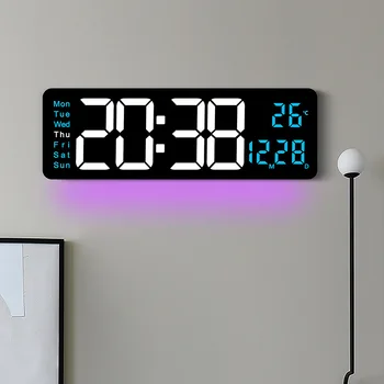 Digital LED wall clock with atmosphere light wall mounted adjustable brightness remote control electronic alarm clock home decor