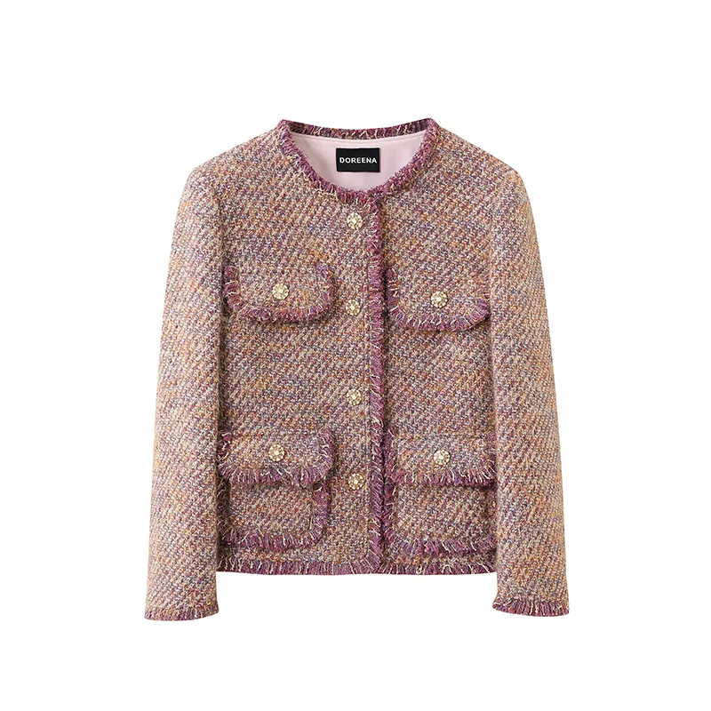 

Autumn Winter Wool Blended Fragrance Short Coat Women's High Quality Round Neck Tassel French Lady Long-sleeved Tweed Coat