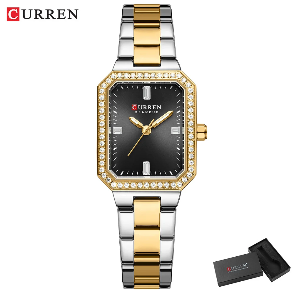 CURREN Luxusmarkenuhren für Damen, schlichtes rechteckiges Zifferblatt mit funkelnden Strasssteinen, lässige Quarz-Armbanduhr mit Leuchtfunktion 7