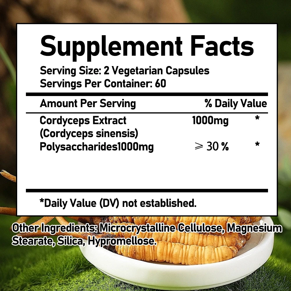 Pure Cordyceps 1000 Mg Supplement - Energy, Respiratory, Immune, Kidney Health Support