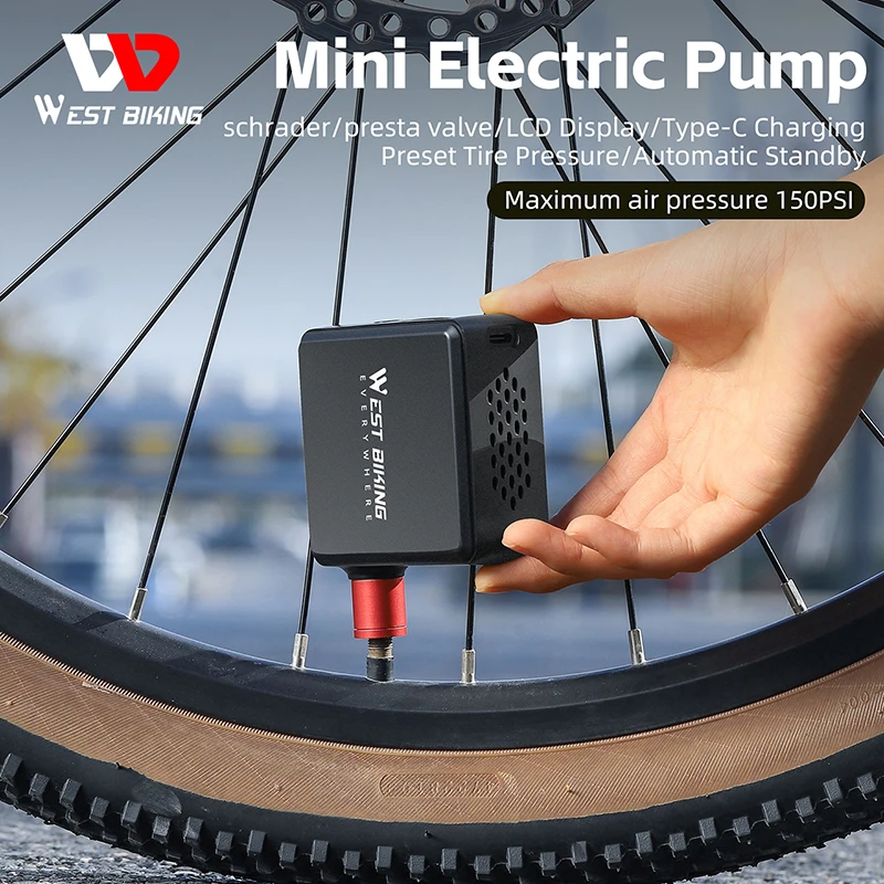 Миниатюрный Электрический велосипедный насос WEST BIKING, портативный воздушный компрессор, 150psi, Type-C, с ЖК-дисплеем, для накачки шин, для велосипеда, мотоцикла, автомобиля