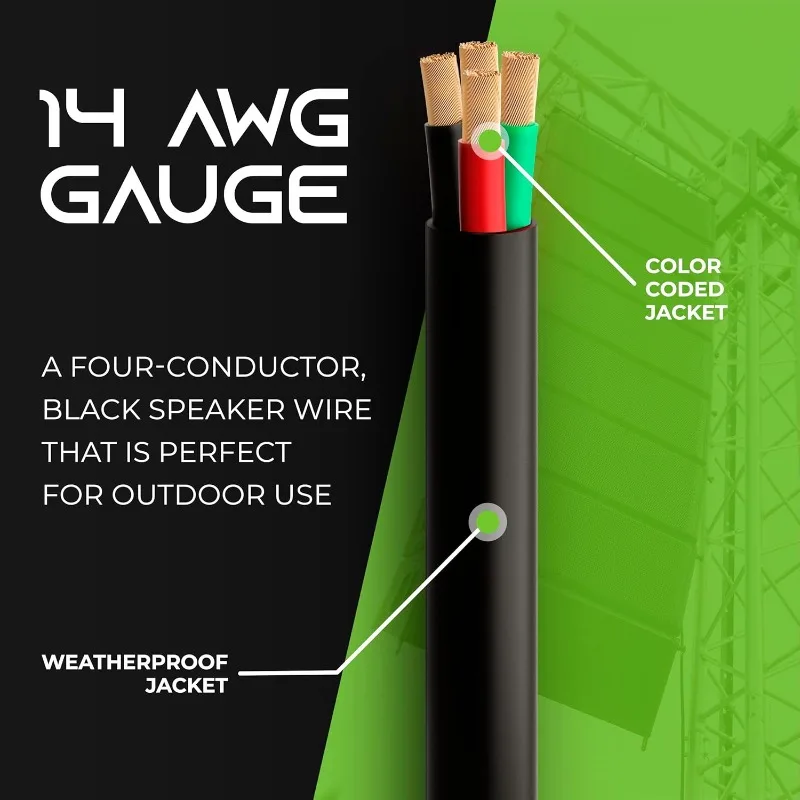 Fio de alto-falante 14/4 (250 pés) calibre 14AWG, preto 4 condutores/discagem direta externa em terra/em parede/cl3 cl2 avaliado