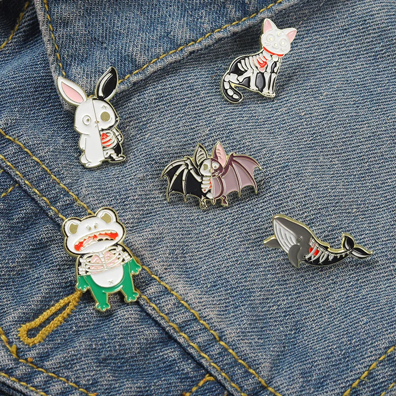 

Half Skeleton Animal Enamel Pins Custom Cat Frog Bat Rabbit Whale Brooch Lapel Hat Badges Punk Cartoon Jewelry Gifts for Friends