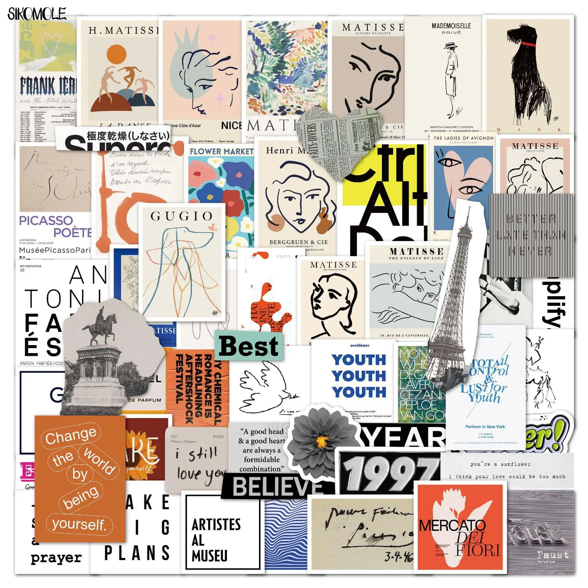 10/30/50PCS Französisch Pop Art Collage Manuelle Quadratische Aufkleber Skateboard Laptop Gepäck Telefon Gitarre Spielzeug Aufkleber graffiti Aufkleber F5